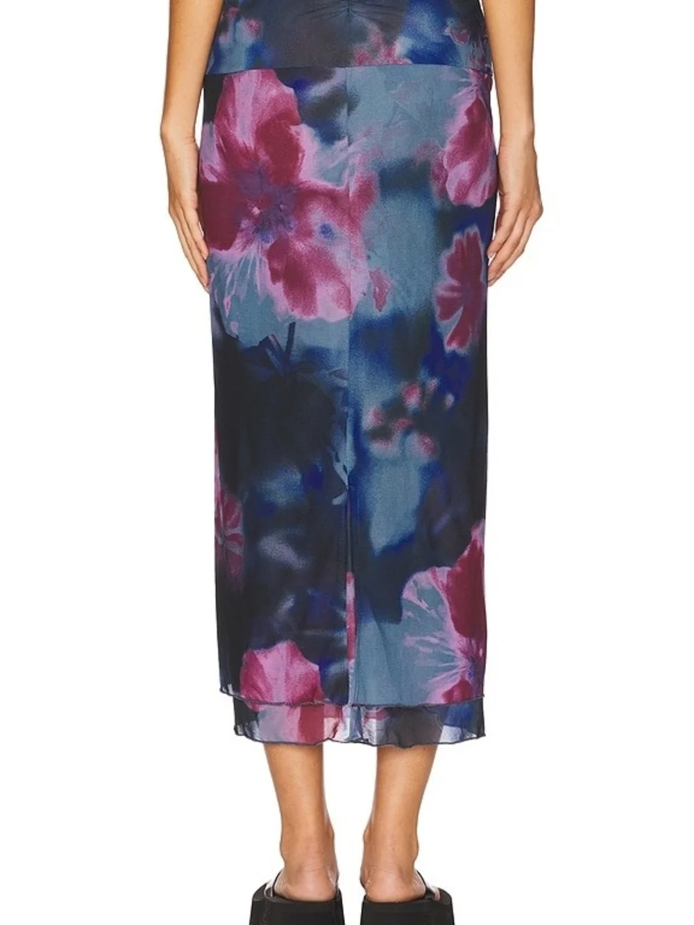Free People Sunset Mesh Maxi Skirt Night Combo Floral Sheer Overlay Size S